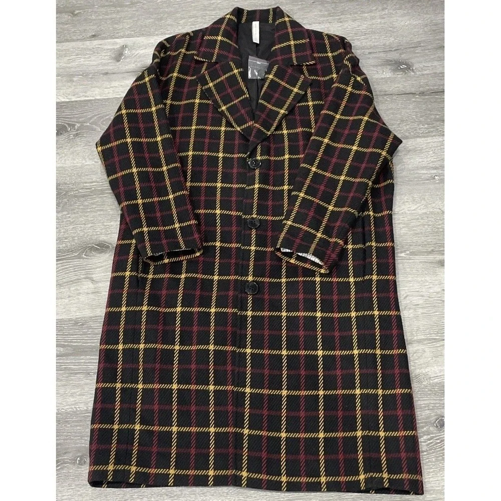 Zara Man Black Red‎ Yellow Wool Plaid Oversized Long Coat Office Modern Size M